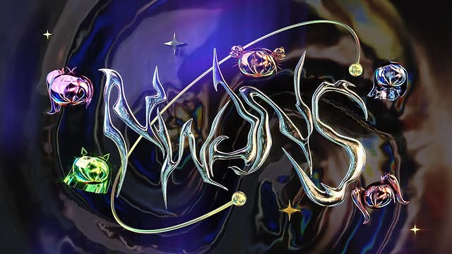 Liquid chrome typography reading NWJNS over a swirling iridescent void