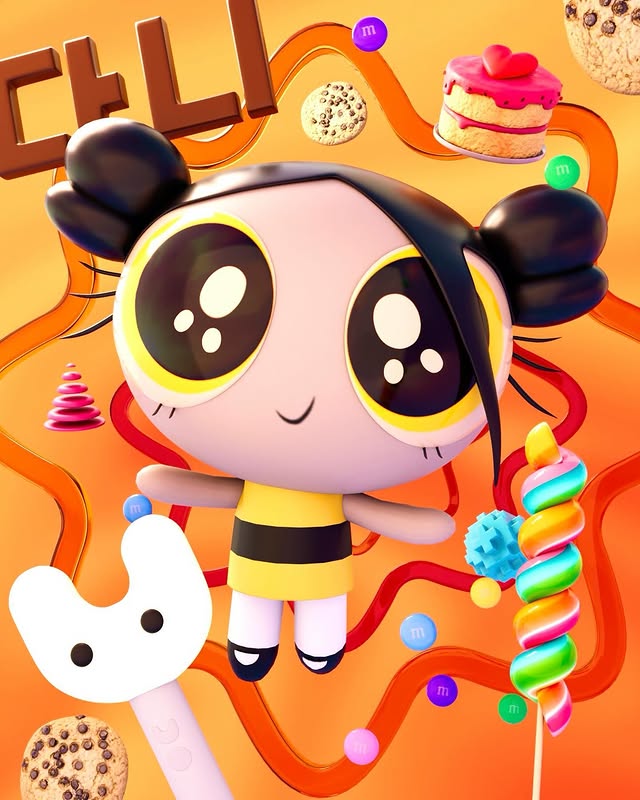 Cute stylized character in a glossy orange candy world